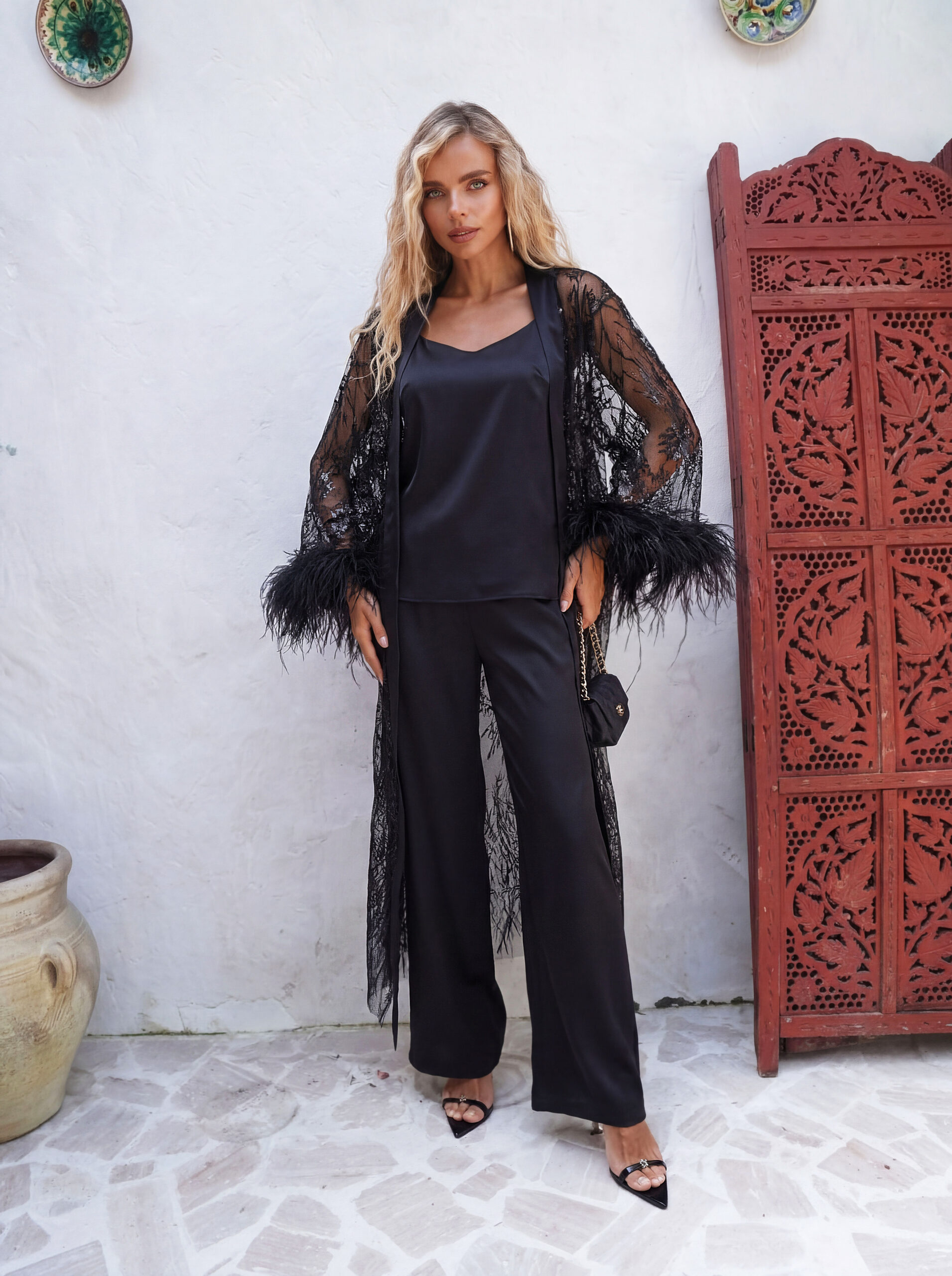 Black Feather Sequin Kimono - Sheer Evening Duster with Satin Trim - Image 6