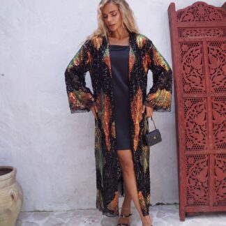 Holographic Sequin Kimono Cape | Black Mesh Firebird Feather Embroidery | Modest Evening Cover Up for Abaya | Handmade Iridescent Party Robe