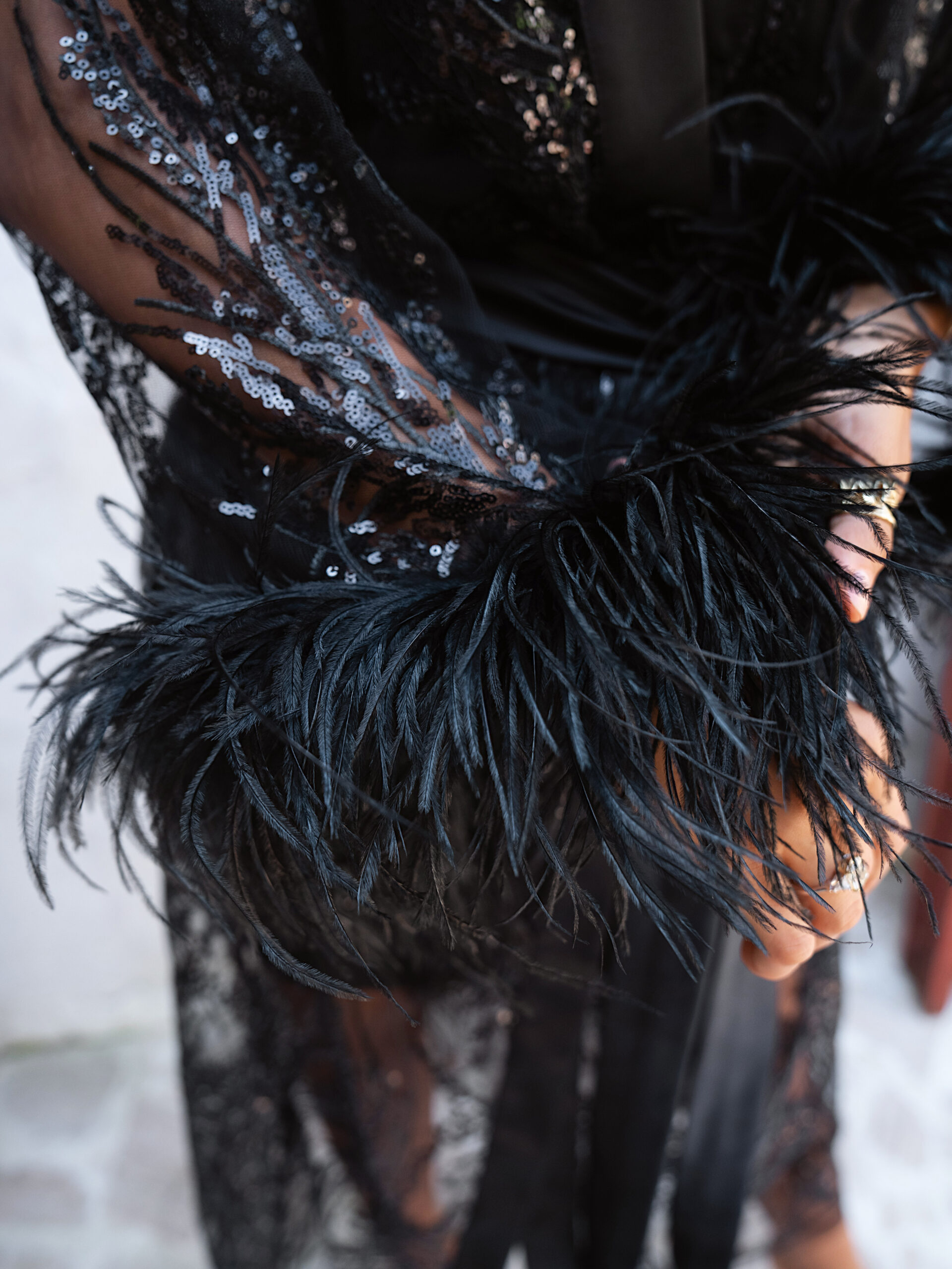 Black Feather Sequin Kimono - Sheer Evening Duster with Satin Trim - Image 8