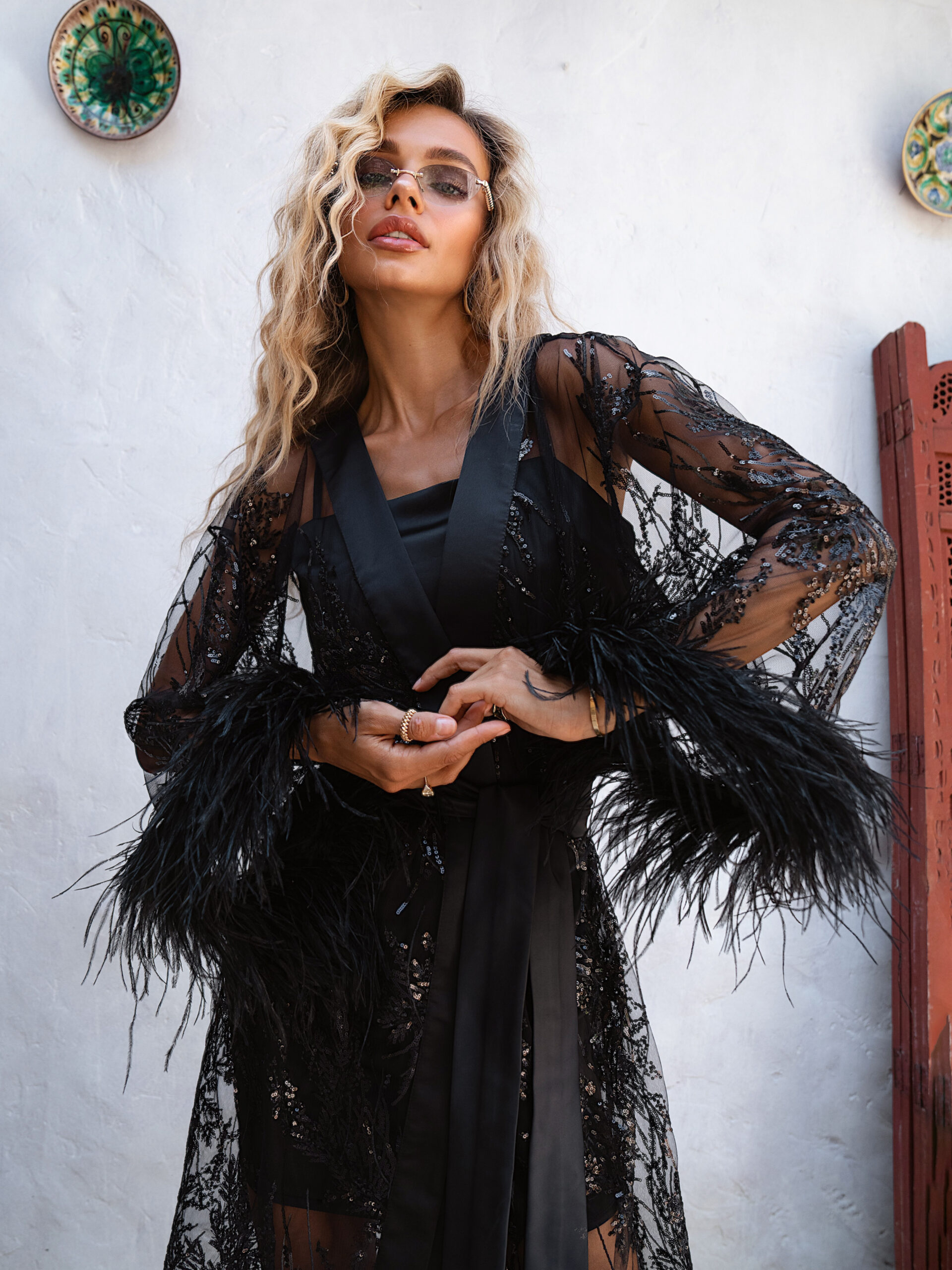 Black Feather Sequin Kimono - Sheer Evening Duster with Satin Trim - Image 4